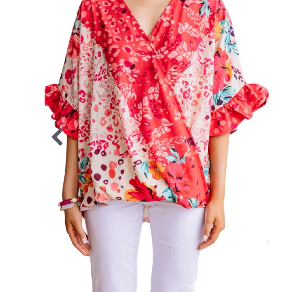 Laurel Grey blouse ruffle trim wrap style cheetah print and floral Medium